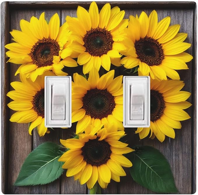 Sunflower Floral 2-Gang Double Toggle Switch Plate, Yellow Sunflower Faux Rustic Wood Wall Plate for Farmhouse, Bedroom, Kitchen & Sunroom