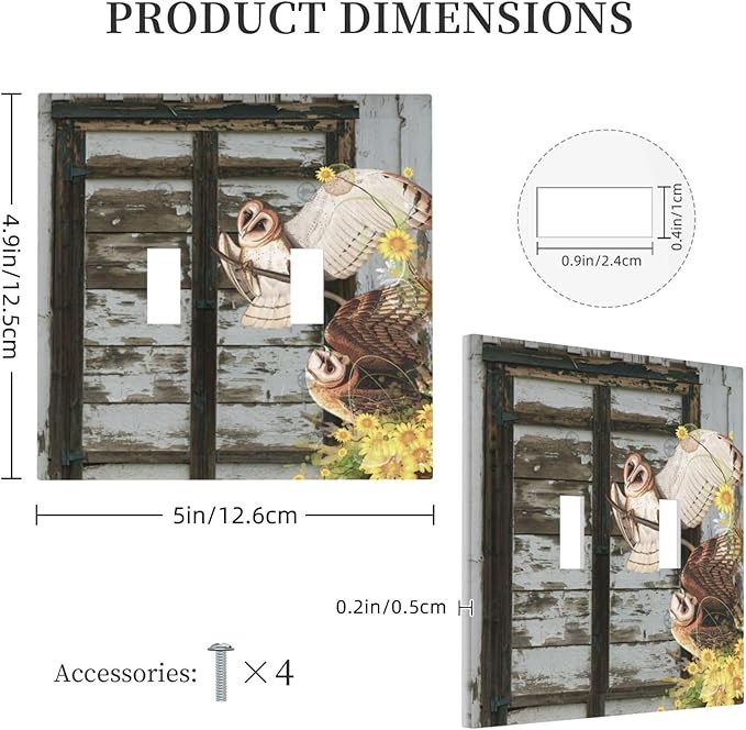 Vintage Brown Blue Old Wooden Door 2 Gang Light Switch Plate Decorative Double Toggle Wall Plate Antique Barn Door with Owls Sunflower Receptacle Switchplate Decorate for Home Living Room Bedroom