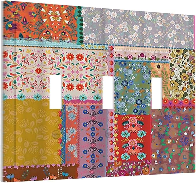 Light Switch Cover Boho Patchwork Bohemian Stitching Colorful Floral 3 Gang Wall Plate Triple Light Switch Plate Toggle Decorative Outlet Covers Electrical Switchplate for Bathroom Home Decor