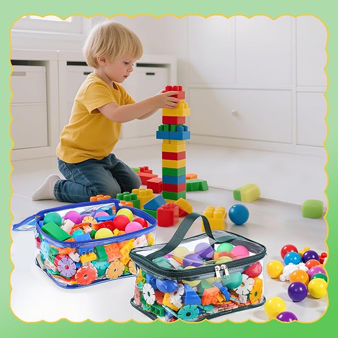 4 Packs Clear Toy Storage Bags, Colorful PVC Waterproof Toy Organizer with Zip Reusable Bags for Building Blocks, Board Game, Puzzles, Kids Books, Stationery