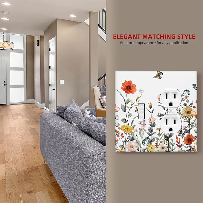 Colored Vintage Floral Colorful Butterfly Wild Flowers 2-Gang 1-Toggle 1-Duplex Device Combination Wallplate Summer Garden One Toggle Switch and One Duplex Receptacle Outlet Combo Light Switch Cover