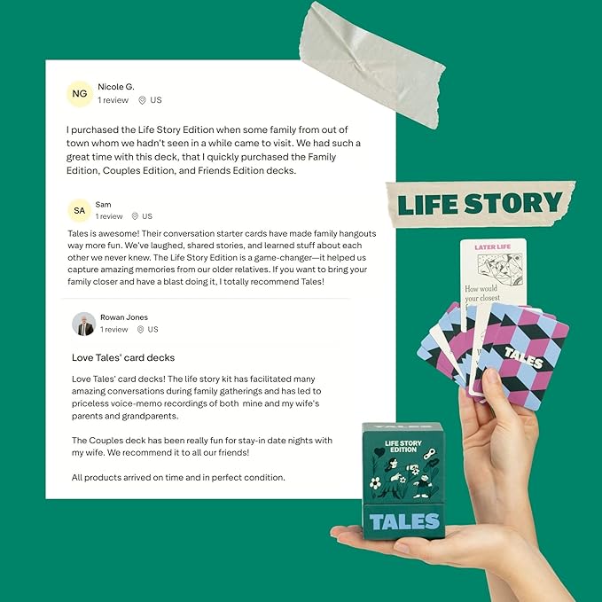 TALES 150 Life Story Interview Kit, Conversation Cards, for Grandparents, Parents, Families, Adults, Game Night, Road Trips, Dinner Table, Getting to Know You (New Edition)