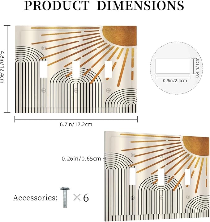Mid Century Beige Boho Abstract Sun Vintage Arch 3 Gang Light Switch Covers Decorative Triple Toggle Wall Plate Electrical Faceplate Switchplate for Country Bathroom Bedroom Home Decor