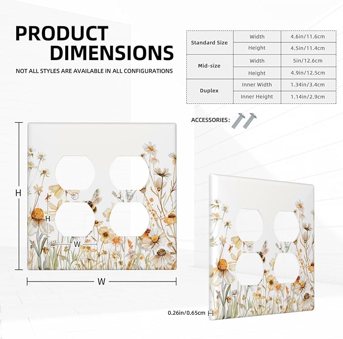 Yellow White Daisy Floral Bee Wild Flower Outlet Covers 2 Gang Double Duplex Decorative Light Switch Covers Electrical Wallplates Socket Faceplate for Bedroom Living Room Decor