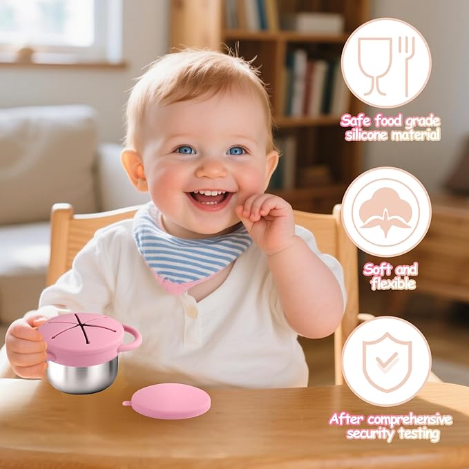 Mity rain Stainless Steel Snack Containers for Toddlers with Spill-Proof Silicone Lids Handles - 3-in-1 Baby Snack Cups, No-Spill Toddler Snack Box (Pink+Yellow, Two piece set)
