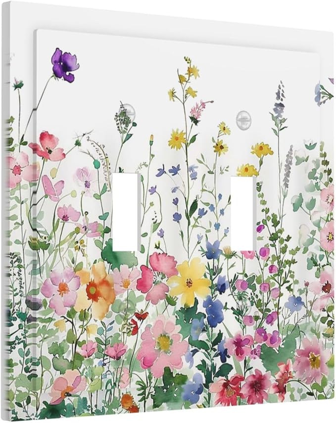 Decorative Switch Plates Boho Colorful Flowers Plant Rustic Wildflower 2 Gang Double Toggle Outlet Light Switch Cover Wall Plate Electrical Faceplate for Bed Room Bathroom Decor
