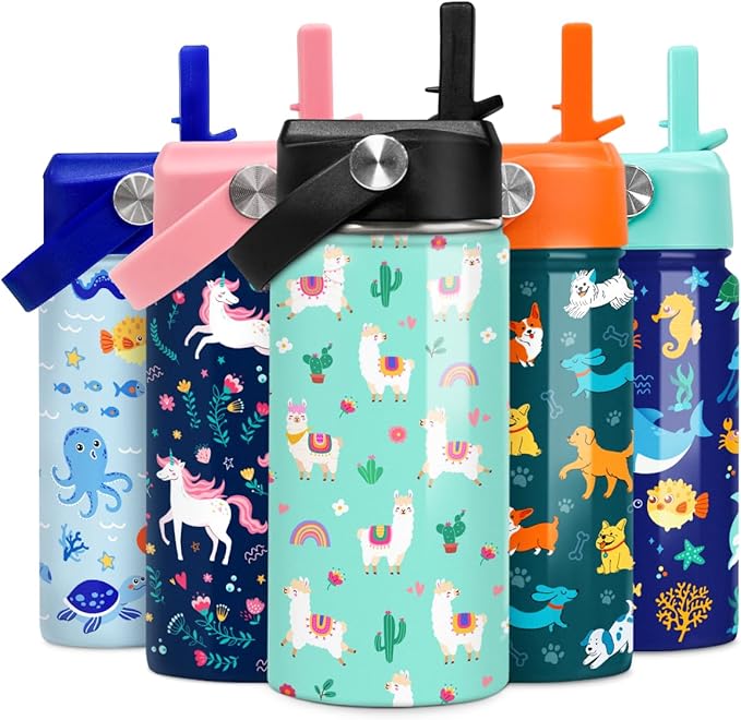 Kids Water Bottle Alpaca Llama Water Bottles 12oz with Straw Insulated Stainless Steel Travel School Tumbler Double Wall Vacuum Cup for Girls Kid