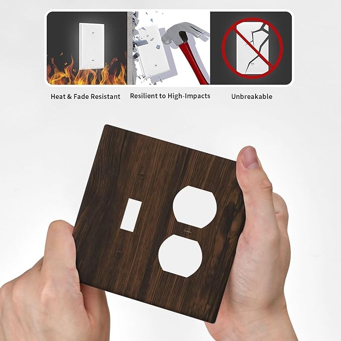 Light Switch Cover Plate Dark Brown Wood Grain Rustic Country Wooden 2 Gang Outlet Covers 1 Toggle 1 Duplex Socket Cover Wallplates Electrical Switch Plate Covers for Farmhouse Home Decor