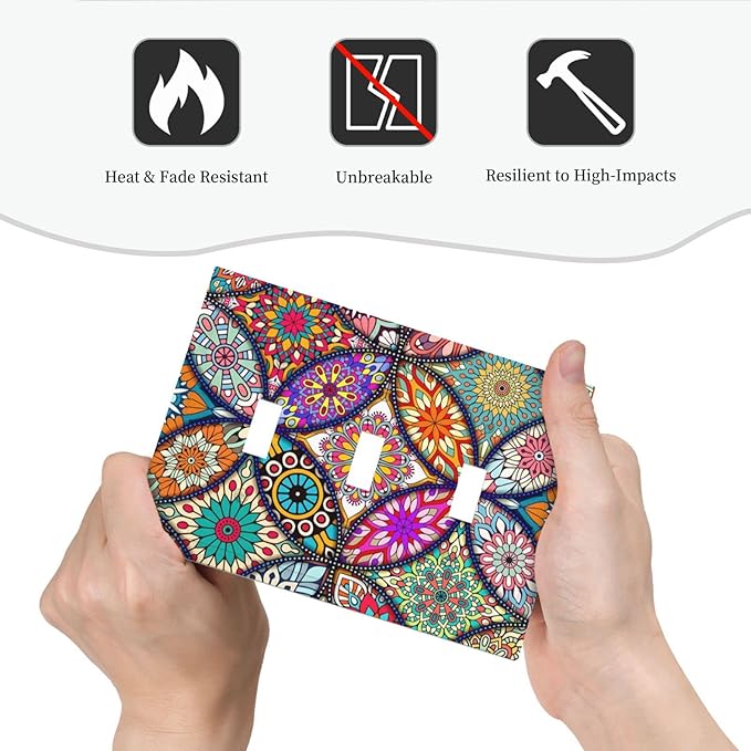 Bohemian Triple Toggle Light Switch Cover Decorative 3 Gang Wall Platescolorful Vintage Floral Mandala Flower Electrical Faceplate for Decor Bathroom Kitchen Bedroom