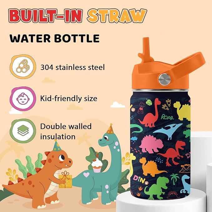 Dinosaur Gifts for Boys, 12oz Colorful Dino Water Bottle with Straw Lid, BPA-Free, Leakproof Stainless Steel Insulated Bottle for Boys & Girls, School, Travel - Dino Lovers Birthday Gift Cup (1pc)