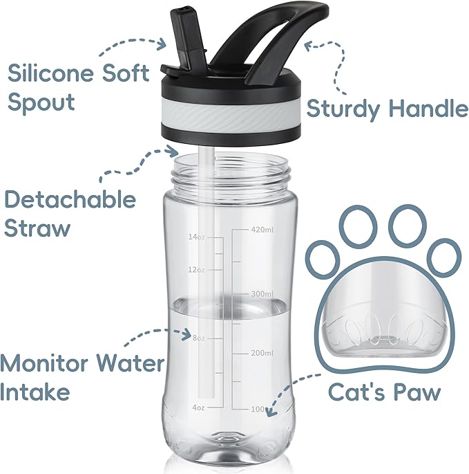 Water Bottle Kids 14oz Flip with Straw Carry Handle, Leakproof, Reusable, Tritan, BPA Free, Suitable for Boys and Girls, Clear