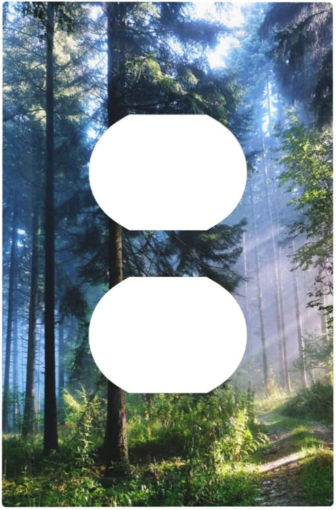 Green Forest Nature Scenery Misty Forest Print Decorative 1-Gang Electrical Device Duplex Receptacle Outlet Cover Sunshine Tree Path Landscape Woodland Scene Plug Wall Plate Light Switch Socket Cover