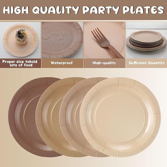 FoldTier 96 Pcs Brown Gradient Disposable Party Plate Set for 24 Guests 9" & 7" Neutral Paper Plate Cocktail Napkin Plastic Forks Boho Dinnerware for Birthday Farmhouse Wedding Baby Shower Tea Party