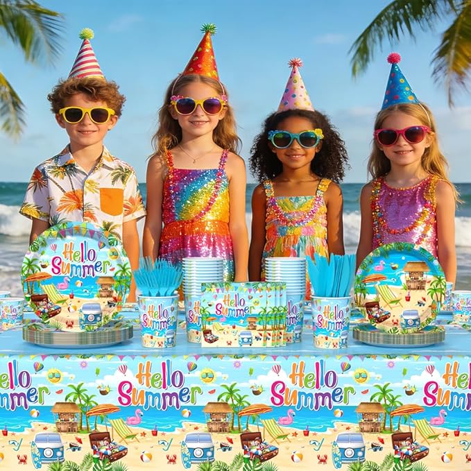AIBIIN 145PCS Hello Summer Party Decorations Summer Beach Paper Plates Cups and Napkins Sets Hawaiian Theme Party Supplies Disposable Tableware Set with Tablecloth Serves 24 Guests