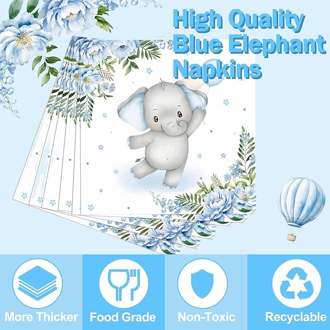 Elephant Baby Boy Shower Party Supplies - 175pcs Blue Elephant Party Decorations Paper Plates Napkins Cups and Utensils Tableware Sets Blue Floral Theme Birthday Party Tableware Set