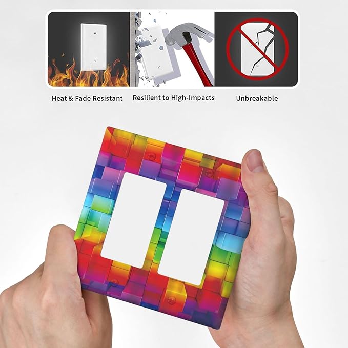 3D Colorful Rainbow Wall Abstract Squre Shaped 2 Gang Rocker Decora Light Switch Covers Decorative Unique Dual Outlet Covers Wall Plate Electrical Faceplate Switchplate GFCI for Kitchen Bedroom Decor