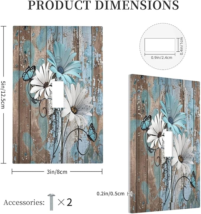 Decorative Light Switch Cover Rustic Flower Teal Turquoise Daisy Butterfly 1 Gang Single Toggle Device Electrical Faceplate Switchplates Decorator Outlet Wall Plate For Farmhouse Cabin