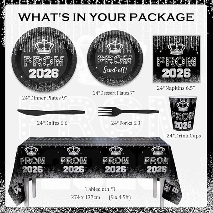AIBIIN 145PCS Prom Send Off Decorations 2026 Black and Silver Prom Paper Plates Cups and Napkins Sets 2026 Graduation Party Supplies Disposable Tableware Set with Tablecloth Serves 24 Guests