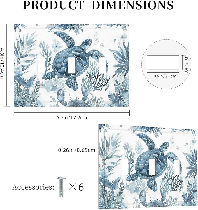 Blue Sea Turtle Coastal Coral Beach Crab Seaweed Decorative Switch Plates 3 Gang Wall Plate Triple Toggle Light Switch Cover Faceplate Electrical Wall Panels for Kids Room Bathroom Decor