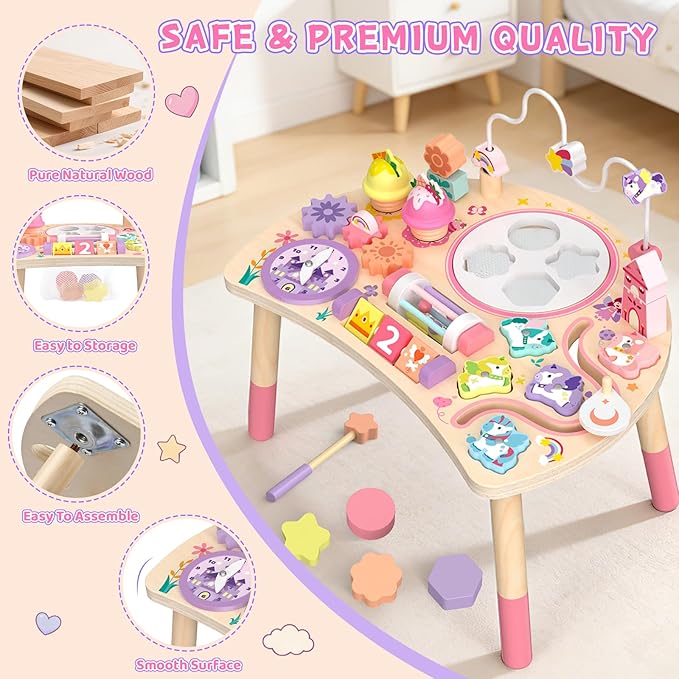 Wooden Activity Table for Toddlers 1-3, Unicorn 10-in-1 Montessori Busy Board with Bead Maze Shape Matching Gears Clock, Sensory Learning Toys for 1 2 3 Year Old Girls Boys Birthday Gift