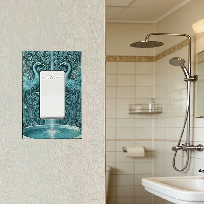 Art Nouveau Peacocks & Fountain in Teal Garden Single Rocker Switch Cover - 1-Gang Standard US Size Elegant Garden Escape Light Switch Covers for Living Room Decor