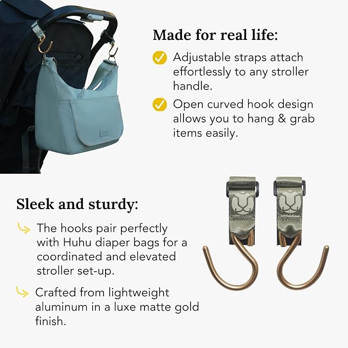 Huhu Essential Stroller Hooks - Lightweight Aluminum Stroller Bag Hook with Adjustable Straps, Matte Gold S-Hooks for Diaper Bag, Shopping, Everyday Essentials – Universal Fit Baby Stroller Accessory