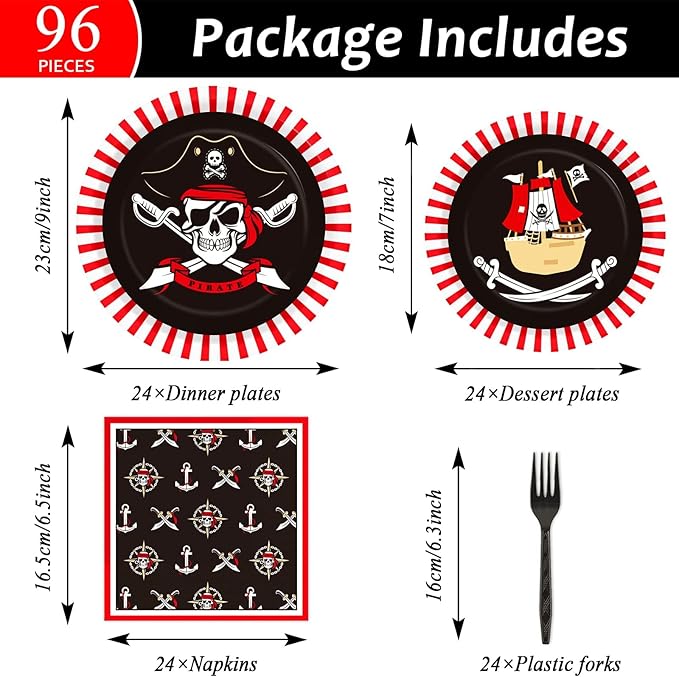 96pcs Pirate Birthday Tableware Set Pirates Party Paper Plates and Napkins Decorations Pirate ship Bone Disposable Dinnerware Supplies for Adult Teens Kids Birthday Party Favor, Severs 24