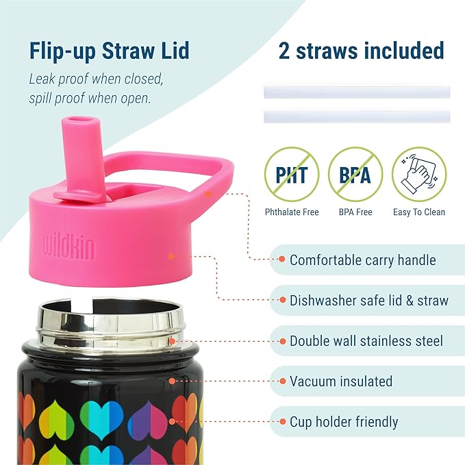 Wildkin Kids 14oz Stainless Steel Water Bottle – BPA-Free, Leakproof, Insulated, Easy-Clean - Rainbow Hearts