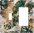 Green Tropical Leaves Gold Palm Leaf Botanical 2 Gang Single Toggle Rocker Combination Light Switch Cover Unique Decorative Wall Plate Cover Electrical Faceplate Switchplate for Bedroom Decor