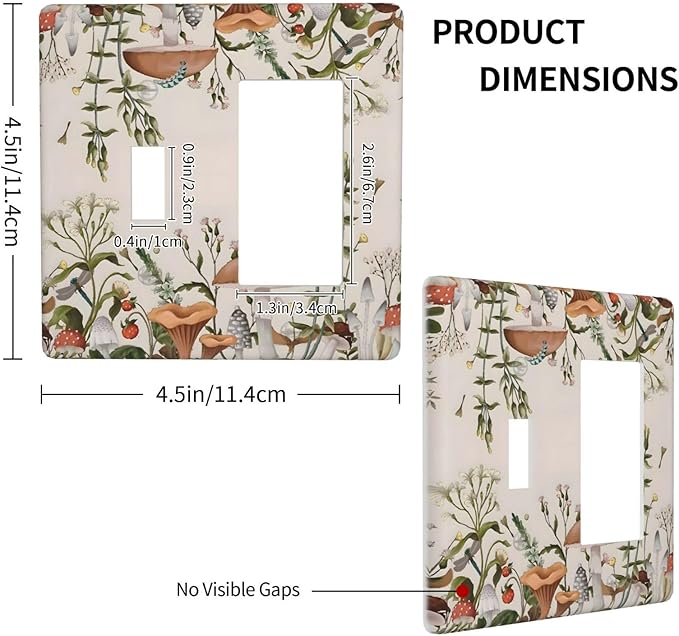 Boho Mushroom Forest Plants Wildflowers Insects Outlet Covers 1 Toggle 1 Rocker Combination Decorative Wall Plate Electrical Switch Plates Light Switch Cover Plate for Kids Room Home Decor