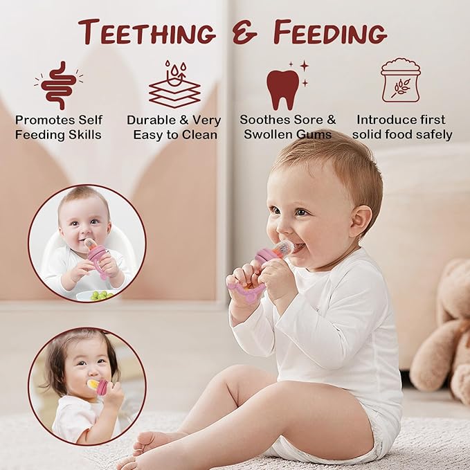 WAJIAYON Baby Breastmilk Popsicle Molds & Baby Fruit Feeder (4 Pack), Infant Food Freezer Tray Storage Containers, Silicone Teething Pacifier Feeder and Teether for Babies,Silicone Feeder(Pink)