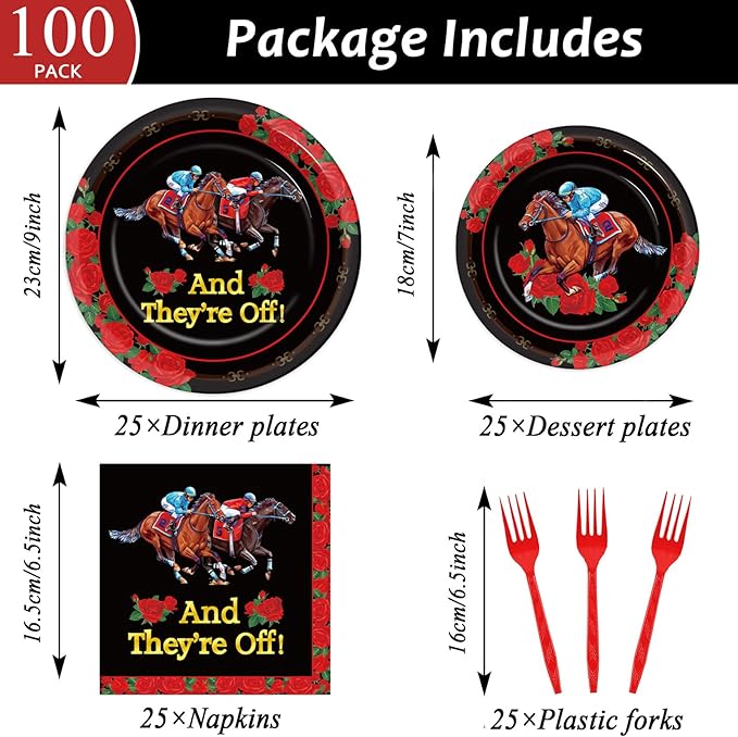 Qyeahkj 100PCS Derby Day Plates and Napkins Party Supplies Horse Racing Tableware Set Kentucky Party Decorations Favor Racing Horse Roses Dinner Plates for Derby Day Celebrations Serves 25