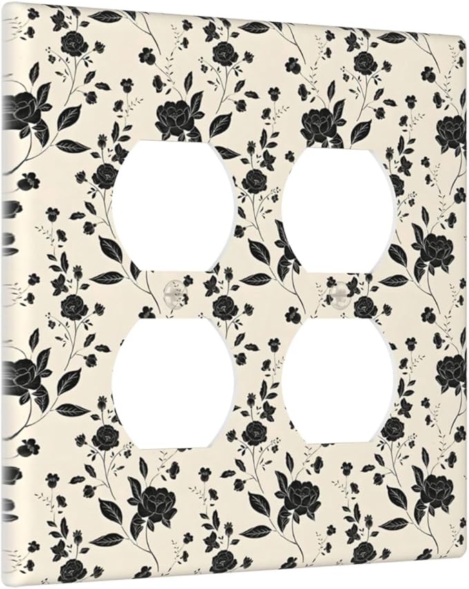 Black Rose Dark Romance Wildflowers Floral Outlet Covers 2 Gang Double Duplex Decorative Light Switch Covers Electrical Wallplates Socket Faceplate for Bedroom Living Room Decor