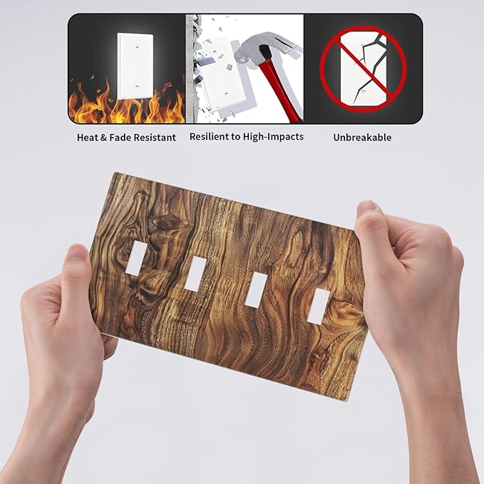 Distressed Wood Brown Wood Texture Light Switch Covers Quad Toggle Electrical Faceplate 4 Gang Wall Plate Decorative Switch Plates Cover for Farmhouse Home Decor