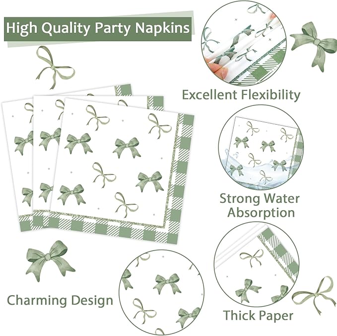 CHUNNIN 96Pcs Green Plaid Bow Spring Plates and Napkins Party Decorations Bow Theme Dessert Paper Plates Napkins Birthday Tableware Set for 24 Guests Girls Baby Shower Picnic BBQ Party Suppliess