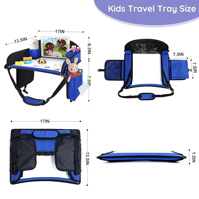 Kids Travel Tray, 2Pcs Kids Travel Trays for Car Seat, Road Trip Essentials for Toddler, Carseat Lap Tray Organizer for Road Trip, Airplane Activities for Kid, Blue