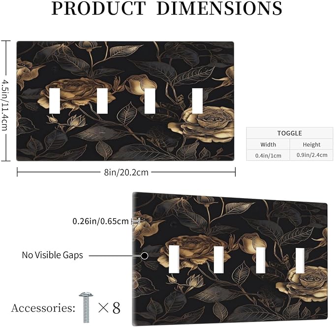 Black Floral Dark Vintage Gold Rose Flower Light Switch Covers Quad Toggle Electrical Faceplate 4 Gang Wall Plate Decorative Switch Plates Cover for Bedroom Living Room Decor