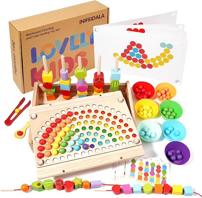 INIFEIDALA Montessori Toys for 3 4 5 Year Old, Stacking Blocks, Lacing Beads & Shape Stacker, Wooden Peg Board Beads Set, Fine Motor Skills & STEM Preschool Learning Gifts for Toddlers Boys & Girls