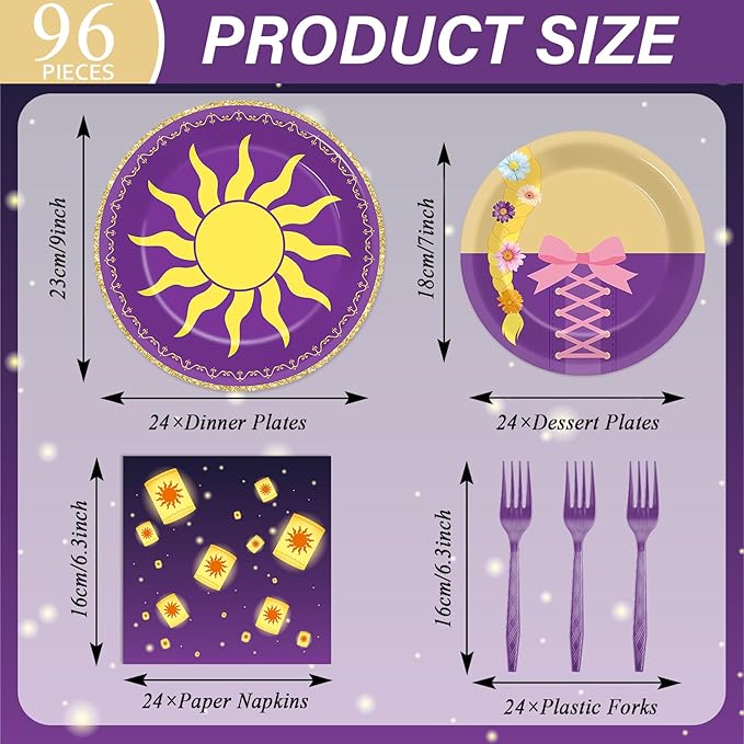 96Pcs Purple Sun Party Decorations Purple Princess Paper Plates and Napkins Princess Sun Themed Disposable Tableware Set for Girls Birthday Baby Shower Wedding Fairytale Party Supplies Serves 24