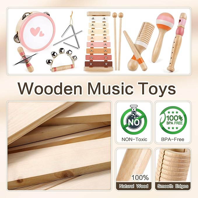 Vanplay Musical Toys for 2 Year Old Girls Easter Birthday Gifts, Montessori Toys for 2 3 Year Old, 8 in 1 Wooden Musical Instruments with Xylophone/ Tambourine/Maracas for Toddler 2-4