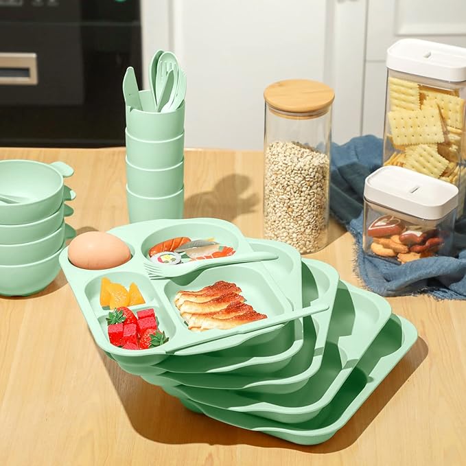 24 Pcs Wheat Straw Dinnerware Cutlery Set for Aldult Including Divided Plates Microwave Dishwasher Safe Bowl Unbreakable Tableware Straw Cutlery Spoon Knife Fork(Green)