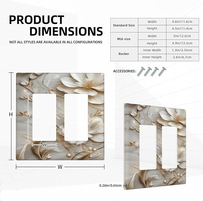 Decorative Art Light Switch Covers Elegant White and Gold Florals 2 Gang Dual Rocker Outlet Switch plate Faceplate GFCI for Home Decor