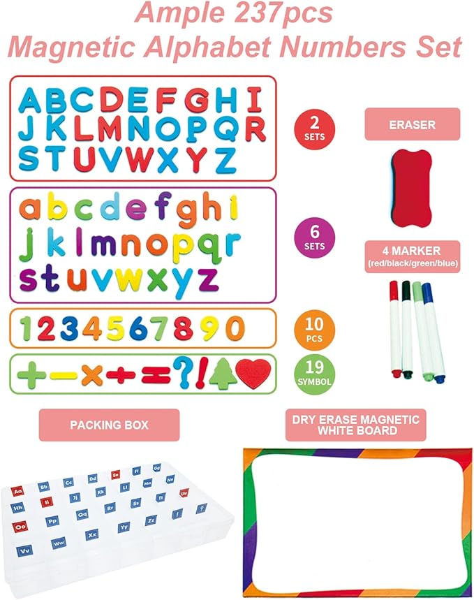 Classroom Magnetic Alphabet Letters - ABC 237 Pcs Letters Numbers & Pattern with Side Magnetic Board Foam for Kids Spelling | Learning