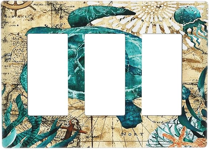 Nautical Ocean Map Tortoise Turtle 3 Gang Triple Rocker/Decora Light Switch Wall Plate Cover Decorative Electrical Faceplate Switchplate for Bathroom Living Room Decor