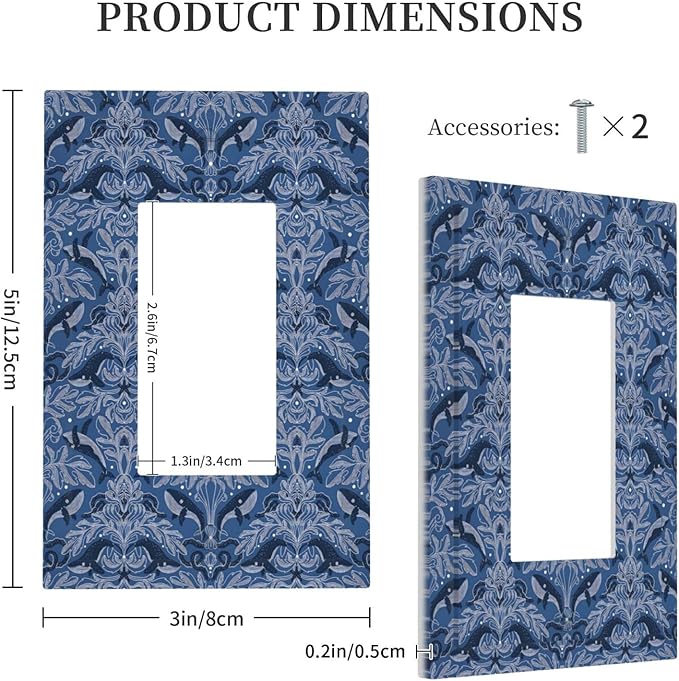 Blue Modern Nautical Art Whale Fish Ocean Damascus Decorative Outlet Covers 1 Gang Single Rocker Light Switch Cover Plate Wall Plates GFCI Faceplate for Bedroom Living Room Decor