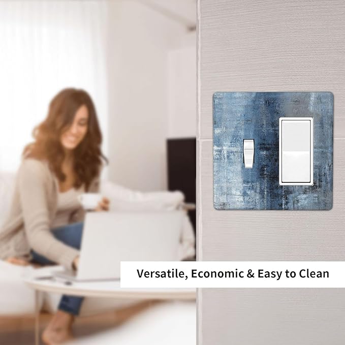 Light Switch Cover Navy Blue Gray Abstract Ink Painting 2 Gang Toggle Rocker Combo Socket Cover Wall Plates Decorative Switch Plates and Outlet Covers for Bathroom Bedroom Decor