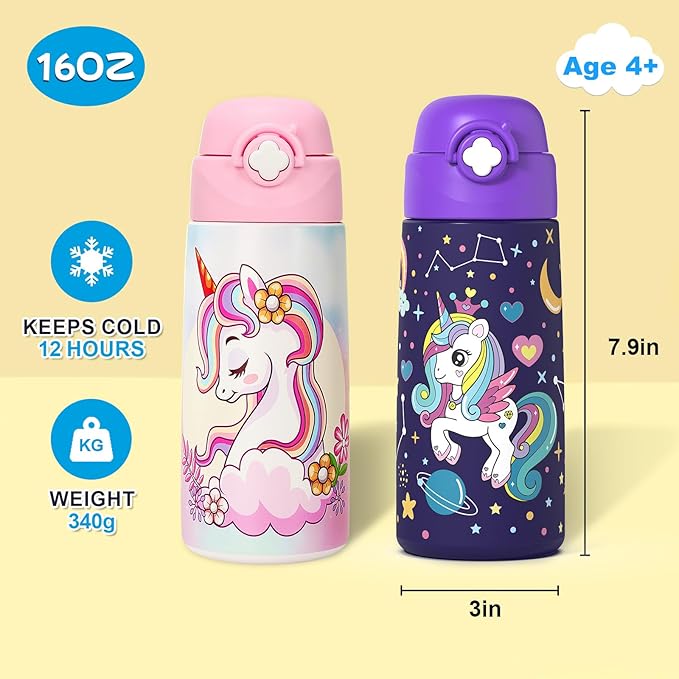 Girls Insulated Water Bottle with Covered Pop-Up Straw,16 oz Kids Cups with Stainless Steel Leak Proof for School（2 pack,Unicorn+Unicorn）
