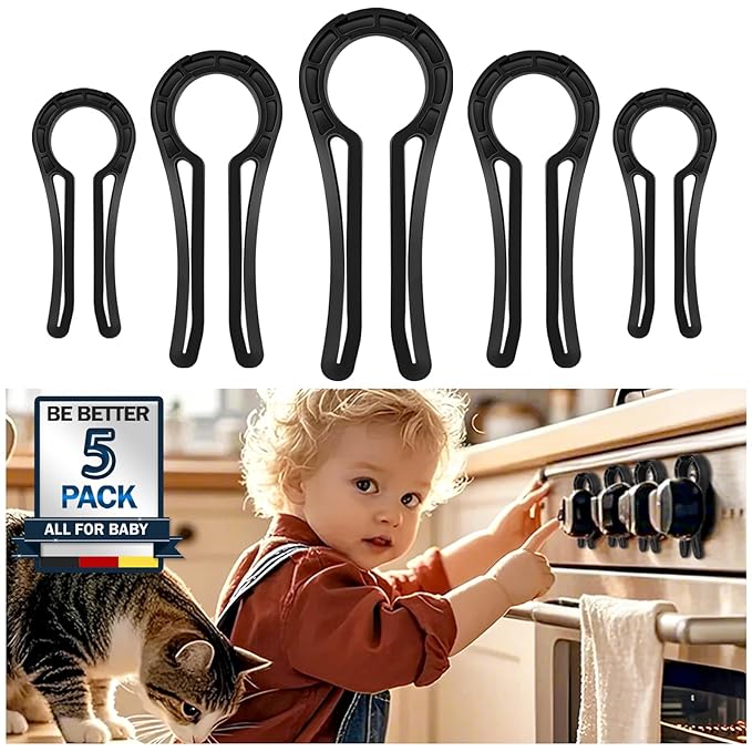 Gas Stove Knob Locks, Stove Knob Safety Covers for Child, Prevent Kids Pets from Turning on Stoves - Black-5 Pack
