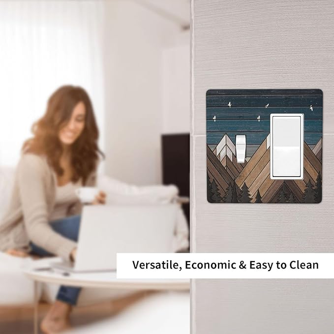 Rustic Geometric Mountain Wilderness Wood 2 Gang Toggle Rocker Combo Wall Plates Decorative GFCI Device Outlet Cover Receptacle Electrical Faceplate Switchplate for Bedroom Bathroom Kitchen Decor