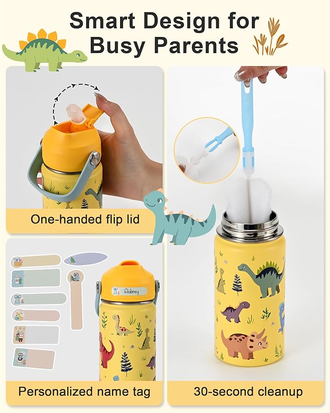 Kids Water Bottle 14oz with Silicone Straw Lid - Insulated Toddler Water Bottle Stainless Steel Keeps Cold 24H, Leak Proof & Dinosaur Prints Design | Custom Name Tag for School, Daycare, Travel